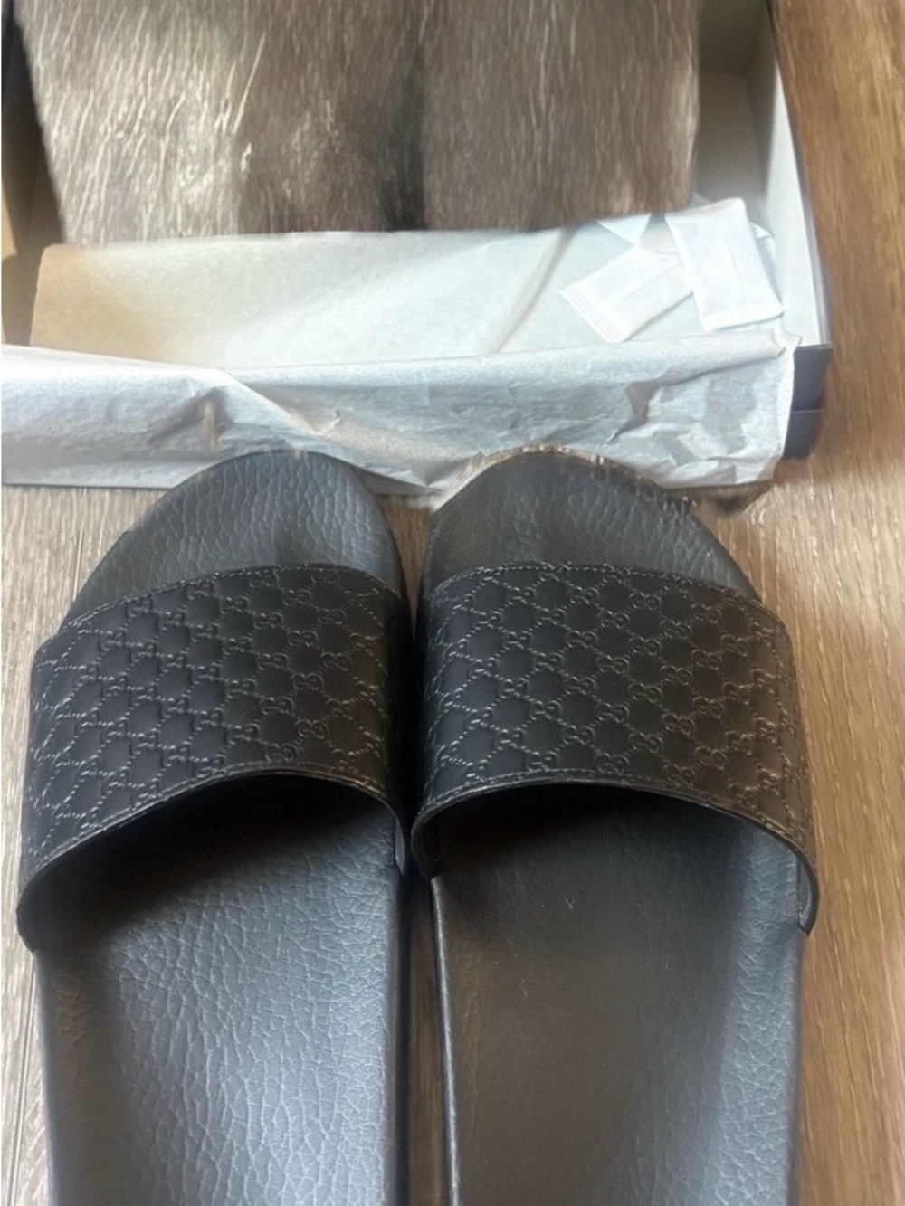 Gucci Black Embossed Logo Slide Sandals